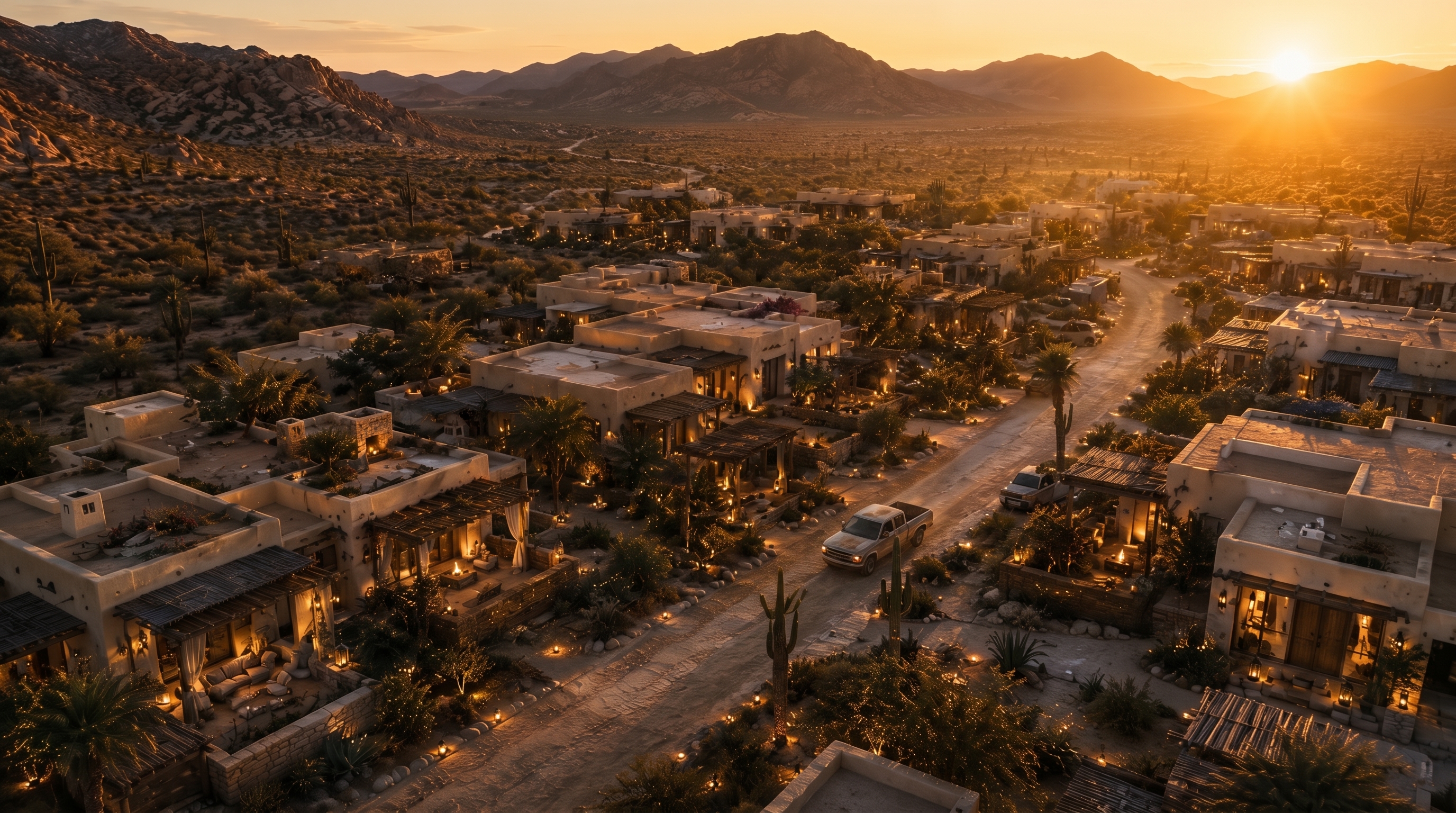 Vista aérea de Rancho El Cocula al atardecer en Baja California Sur